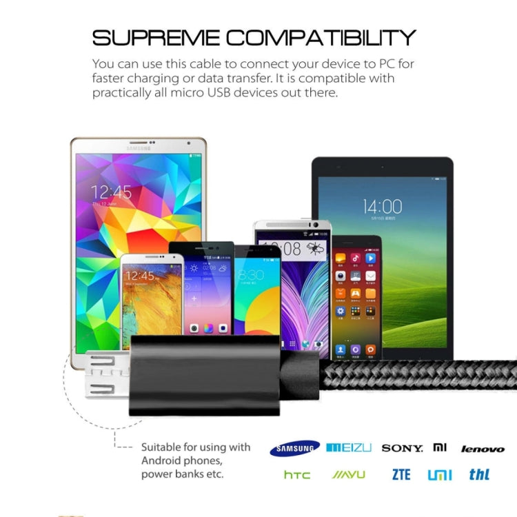 3A Woven Style Metal Head Micro USB to USB Data / Charger Cable, Cable Length: 3m
