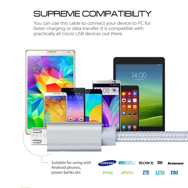 3A Woven Style Metal Head Micro USB to USB Data / Charger Cable, Cable Length: 3m