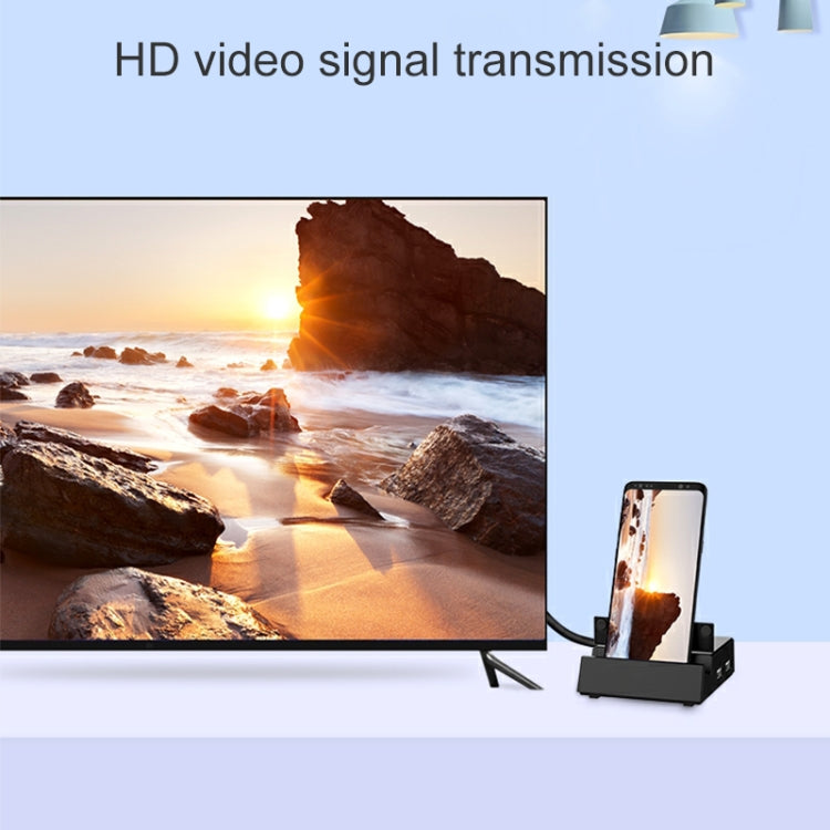 V105 USB-C / Type-C to USB 2.0 x 3 + USB-C / Type-C + HDMI + Audio Port + SD / TF Card Reader Multi-function Phone Stand HUB Docking Station