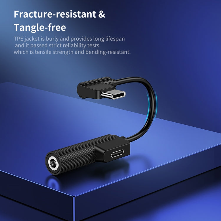 ROCK 2 in 1 USB-C / Type-C + 3.5 mm Female to Type-C Male L-shape Mini Portable Audio & Charging Adapter(Black)