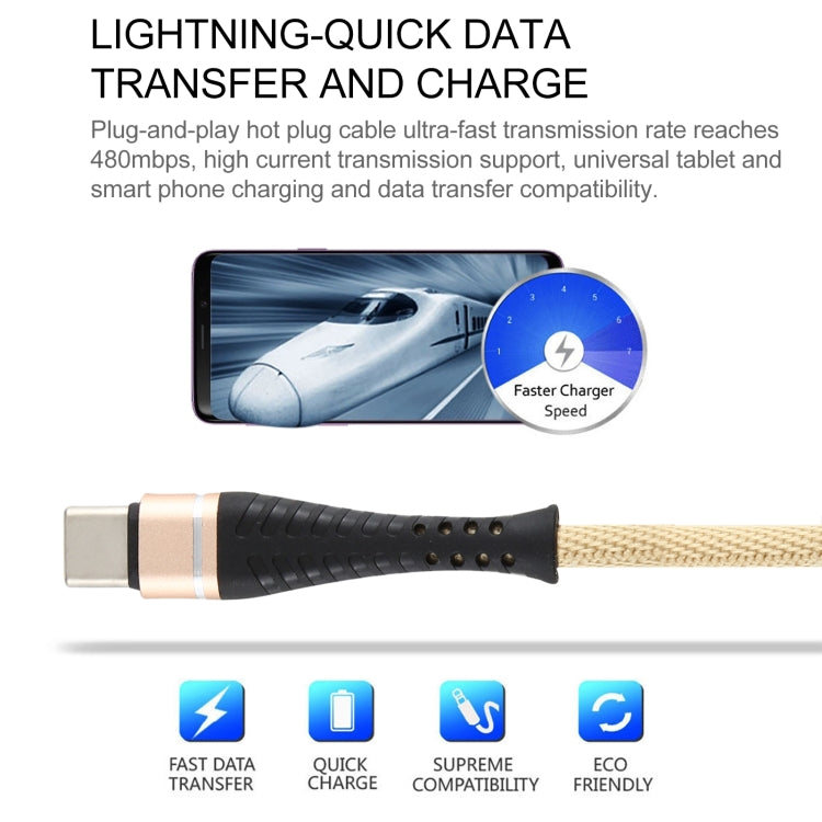 2A USB to USB-C / Type-C Braided Data Cable, Cable Length: 1m