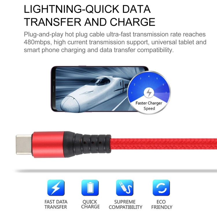 2A USB to USB-C / Type-C Braided Data Cable, Cable Length: 1m