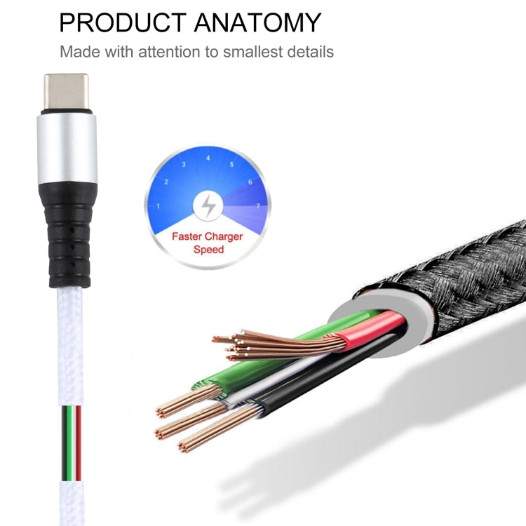 2A USB to USB-C / Type-C Braided Data Cable, Cable Length: 1m