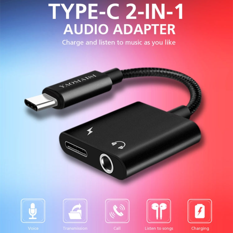 YAOMAISI Q17 12cm 2.4A Output 3.5mm Female + USB-C / Type-C Female to USB-C / Type-C Male Charge + Audio Adapter, For Galaxy S8 & S8 + / LG G6 / Huawei P10 & P10 Plus / Oneplus 5 / Xiaomi Mi6 & Max 2 and other Smartphones