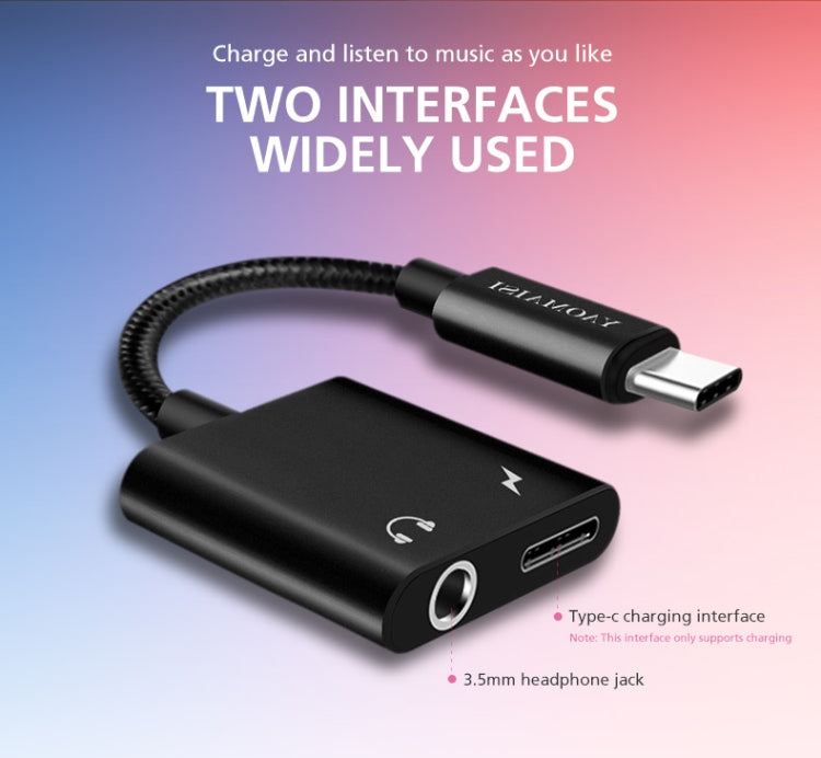 YAOMAISI Q17 12cm 2.4A Output 3.5mm Female + USB-C / Type-C Female to USB-C / Type-C Male Charge + Audio Adapter, For Galaxy S8 & S8 + / LG G6 / Huawei P10 & P10 Plus / Oneplus 5 / Xiaomi Mi6 & Max 2 and other Smartphones