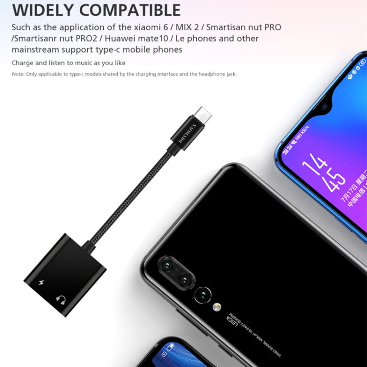 YAOMAISI Q17 12cm 2.4A Output 3.5mm Female + USB-C / Type-C Female to USB-C / Type-C Male Charge + Audio Adapter, For Galaxy S8 & S8 + / LG G6 / Huawei P10 & P10 Plus / Oneplus 5 / Xiaomi Mi6 & Max 2 and other Smartphones
