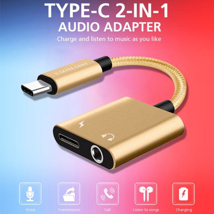 YAOMAISI Q17 12cm 2.4A Output 3.5mm Female + USB-C / Type-C Female to USB-C / Type-C Male Charge + Audio Adapter, For Galaxy S8 & S8 + / LG G6 / Huawei P10 & P10 Plus / Oneplus 5 / Xiaomi Mi6 & Max 2 and other Smartphones