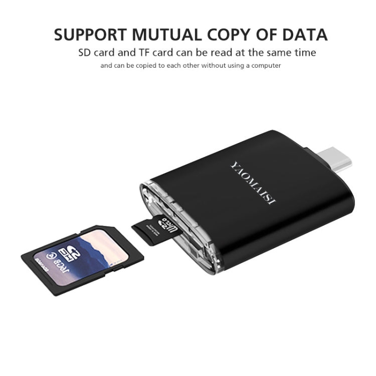 YAOMAISI Q23 SD Card + TF Card to Type-C Zinc Alloy Memory Card Reader (Black)