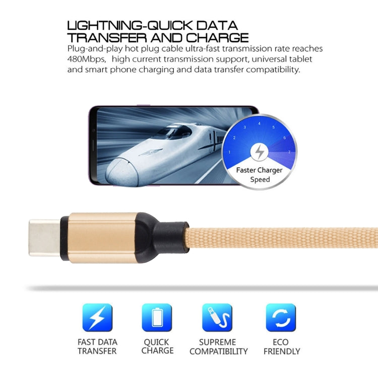 3A USB to USB-C / Type-C Braided Data Cable, Cable Length: 1m