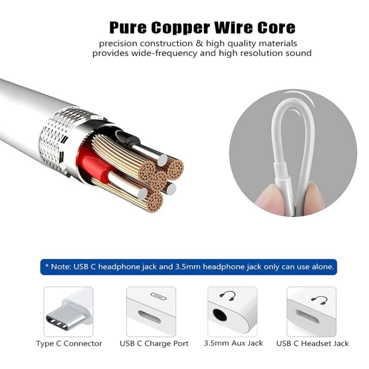 3 in 1 USB-C + 3.5mm + 3.5mm to USB-C Digital Charge Audio Adapter (White)