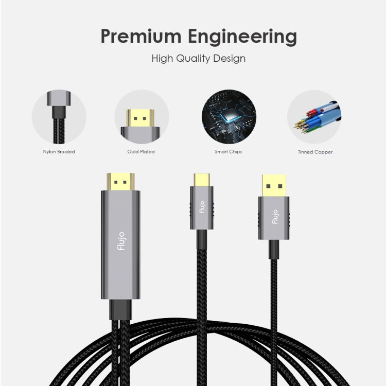 Flujo X30 USB-C / Type-C to 4K HDMI + USB 2.0 Charging Port Adapter Nylon Braided Cable, Cable Length: 2m