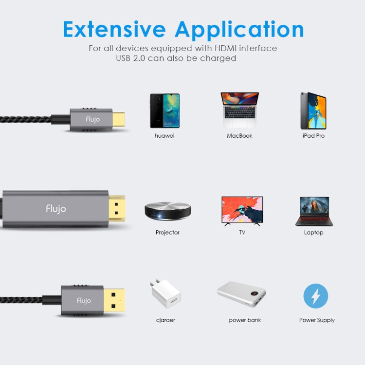 Flujo X30 USB-C / Type-C to 4K HDMI + USB 2.0 Charging Port Adapter Nylon Braided Cable, Cable Length: 2m