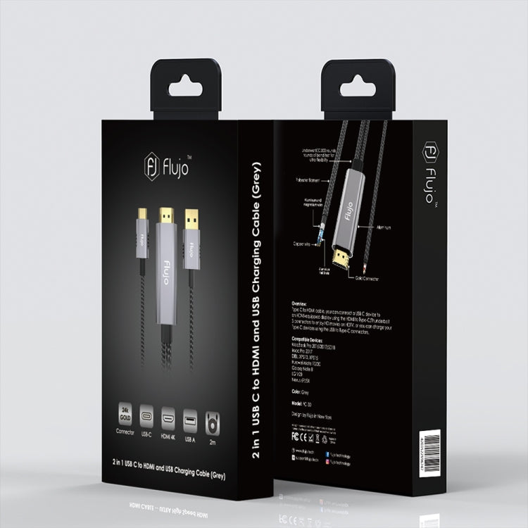 Flujo X30 USB-C / Type-C to 4K HDMI + USB 2.0 Charging Port Adapter Nylon Braided Cable, Cable Length: 2m