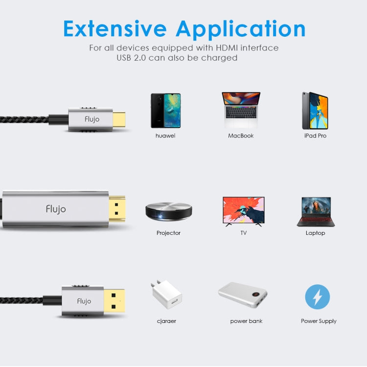Flujo X30 USB-C / Type-C to 4K HDMI + USB 2.0 Charging Port Adapter Nylon Braided Cable, Cable Length: 2m
