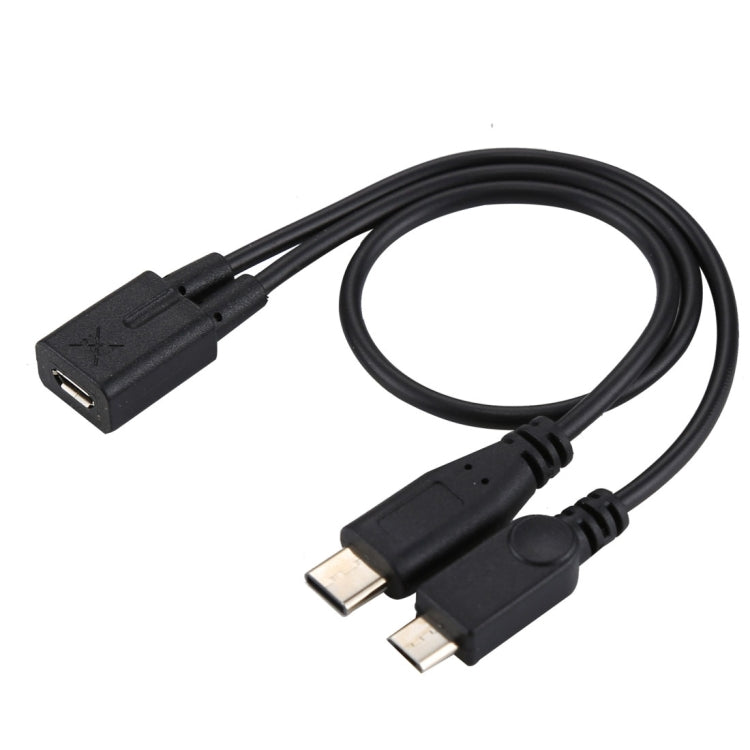 Micro USB Female to USB-C / Type-C Male + Micro USB Male Adapter Y Cable, Total Length: about 30cm, For Samsung, Huawei, Xiaomi, HTC, Meizu, Sony and other Smartphones