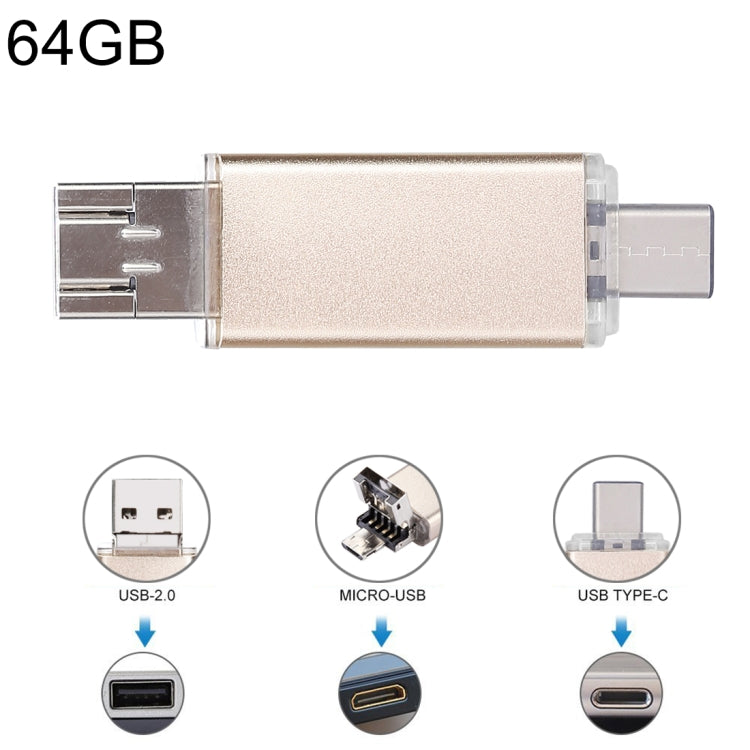 64GB 3 in 1 USB-C / Type-C + USB 2.0 + OTG Flash Disk, For Type-C Smartphones & PC Computer
