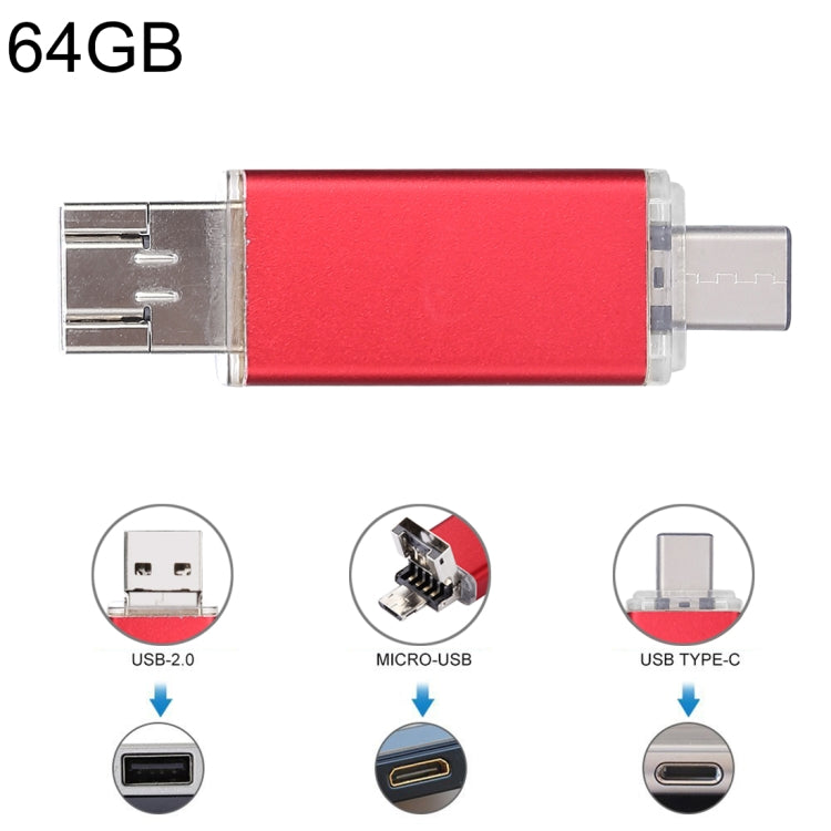 64GB 3 in 1 USB-C / Type-C + USB 2.0 + OTG Flash Disk, For Type-C Smartphones & PC Computer