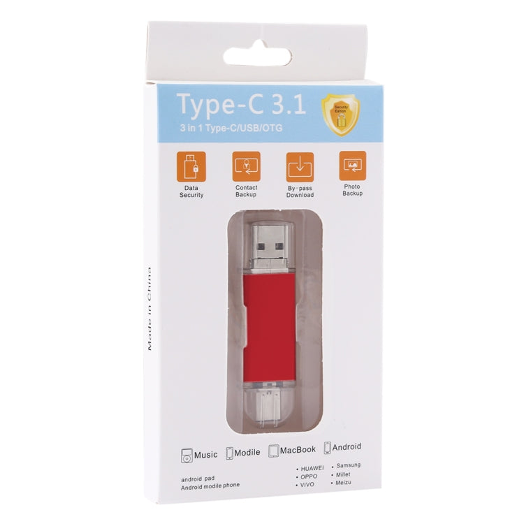 64GB 3 in 1 USB-C / Type-C + USB 2.0 + OTG Flash Disk, For Type-C Smartphones & PC Computer