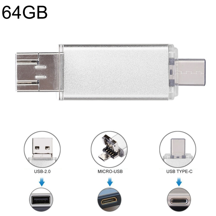 64GB 3 in 1 USB-C / Type-C + USB 2.0 + OTG Flash Disk, For Type-C Smartphones & PC Computer