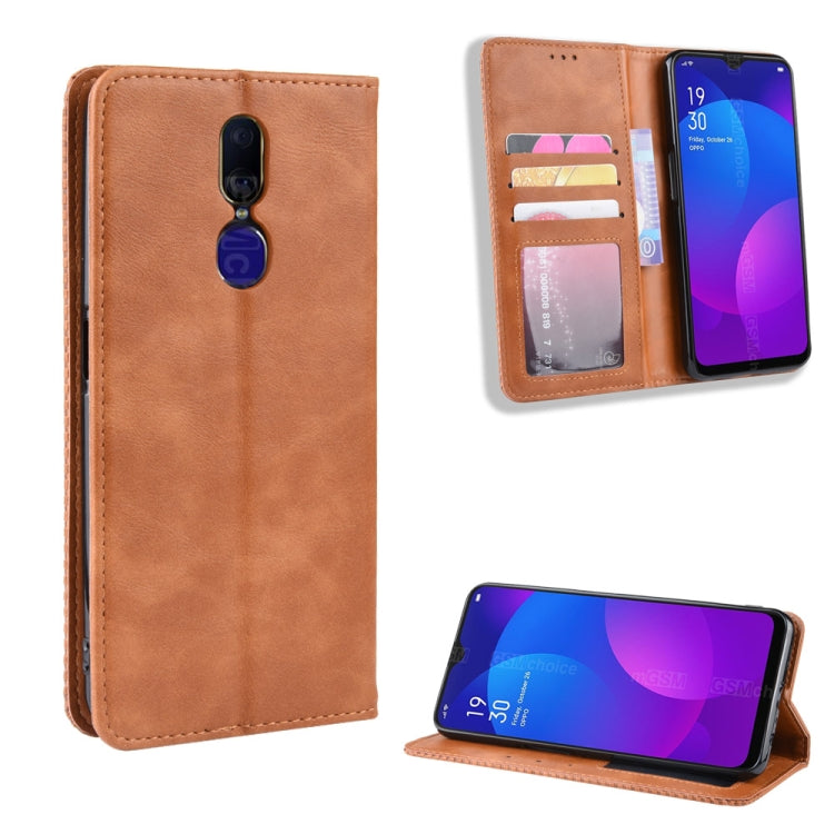 Magnetic Buckle Retro Crazy Horse Texture Horizontal Flip Leather Case for Oppo F11 , with Holder & Card Slots & Photo Frame