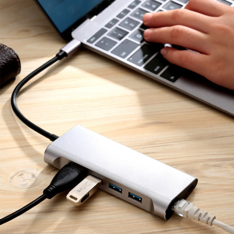 6-in-1 USB 3.1 hub type-C to USB 3.0 * 3 + HDMI 4K + RJ45 + PD multi-functional HD docking station for MacBook PC millet tablet(grey)