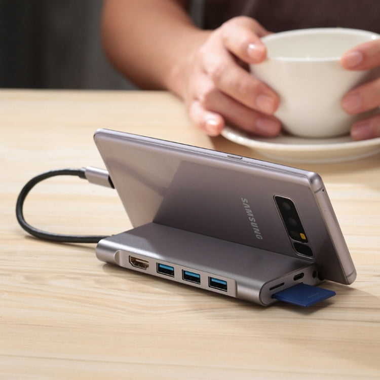 7-in-1 USB 3.1 hub type-C to USB 3.0 * 3 + HDMI 4K + SD / TF + PD with mobile phone bracket for MacBook PC millet tablet