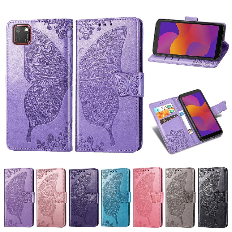 For Huawei Y5P Butterfly Love Flower Embossed Horizontal Flip Leather Case with Bracket / Card Slot / Wallet / Lanyard