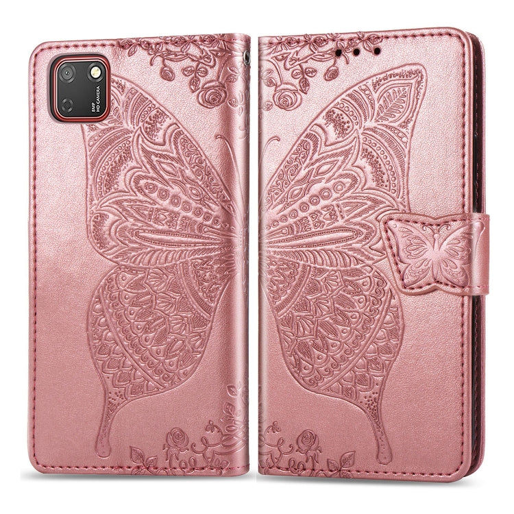 For Huawei Y5P Butterfly Love Flower Embossed Horizontal Flip Leather Case with Bracket / Card Slot / Wallet / Lanyard