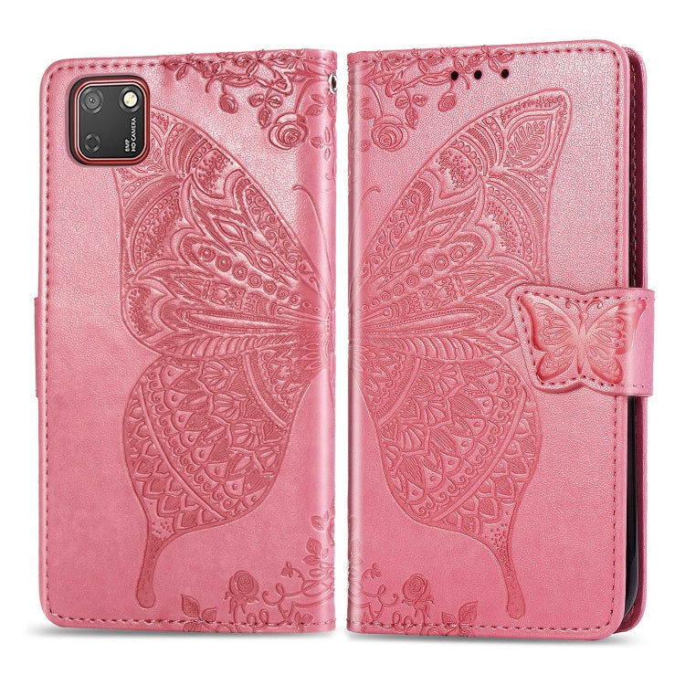 For Huawei Y5P Butterfly Love Flower Embossed Horizontal Flip Leather Case with Bracket / Card Slot / Wallet / Lanyard