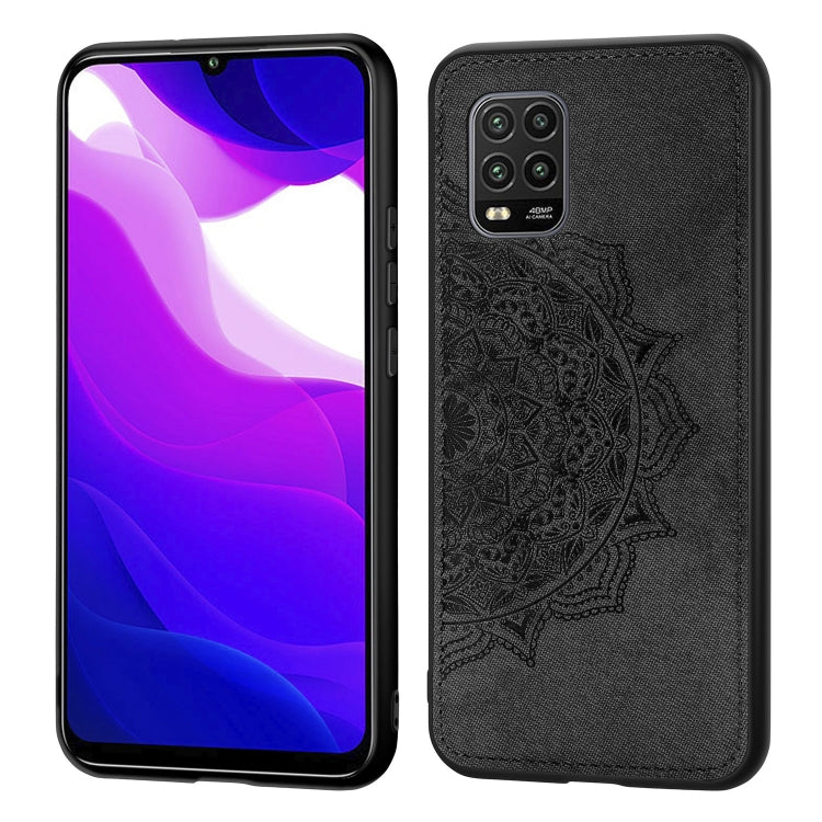 For Xiaomi 10 Lite 5G Mandala Embossed Cloth Cover PC + TPU Mobile Phone Case with Magnetic Function and Hand Strap