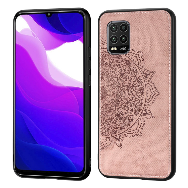 For Xiaomi 10 Lite 5G Mandala Embossed Cloth Cover PC + TPU Mobile Phone Case with Magnetic Function and Hand Strap