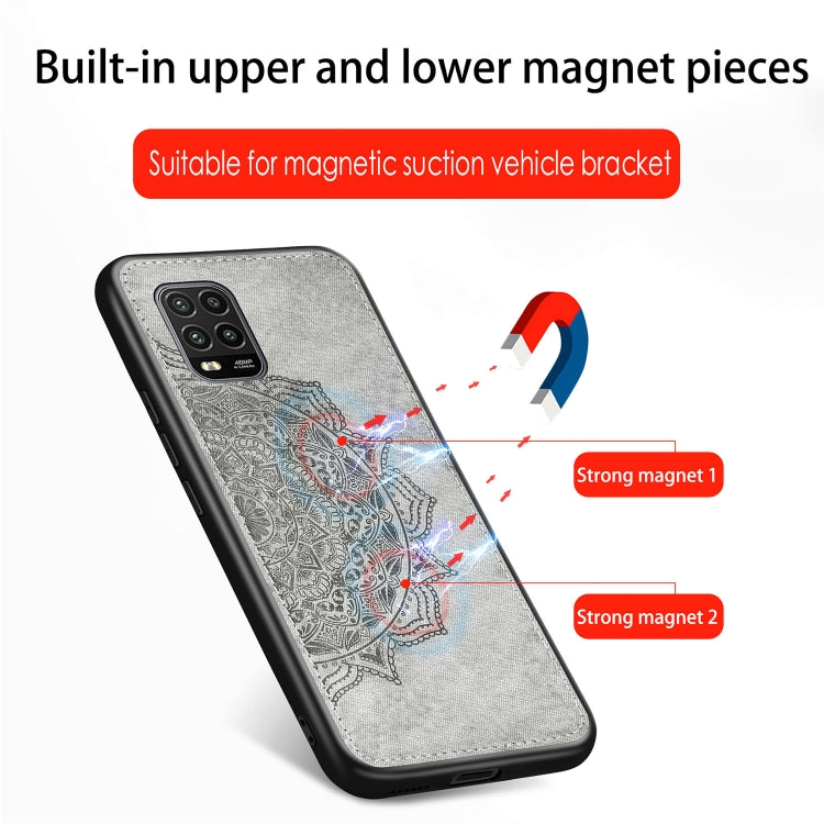 For Xiaomi 10 Lite 5G Mandala Embossed Cloth Cover PC + TPU Mobile Phone Case with Magnetic Function and Hand Strap