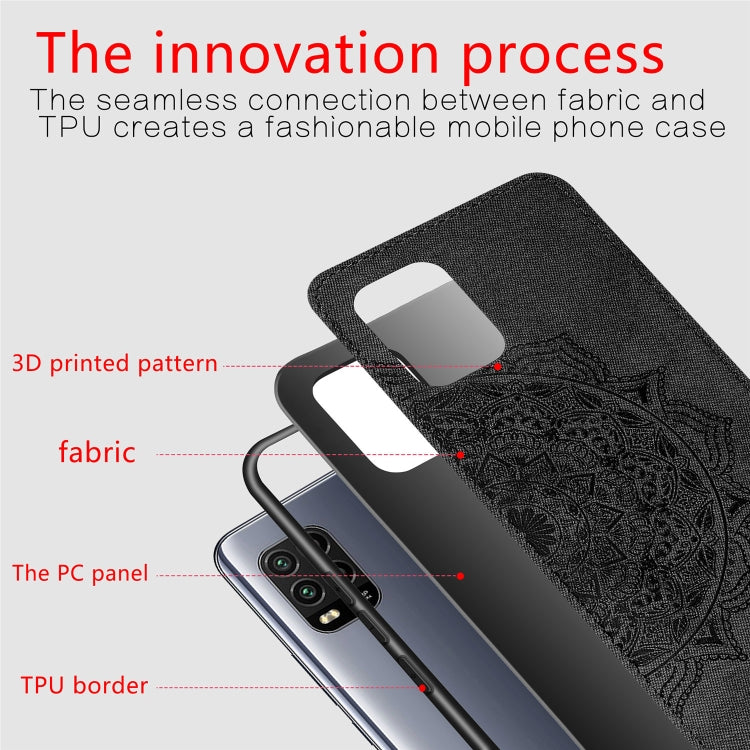 For Xiaomi 10 Lite 5G Mandala Embossed Cloth Cover PC + TPU Mobile Phone Case with Magnetic Function and Hand Strap