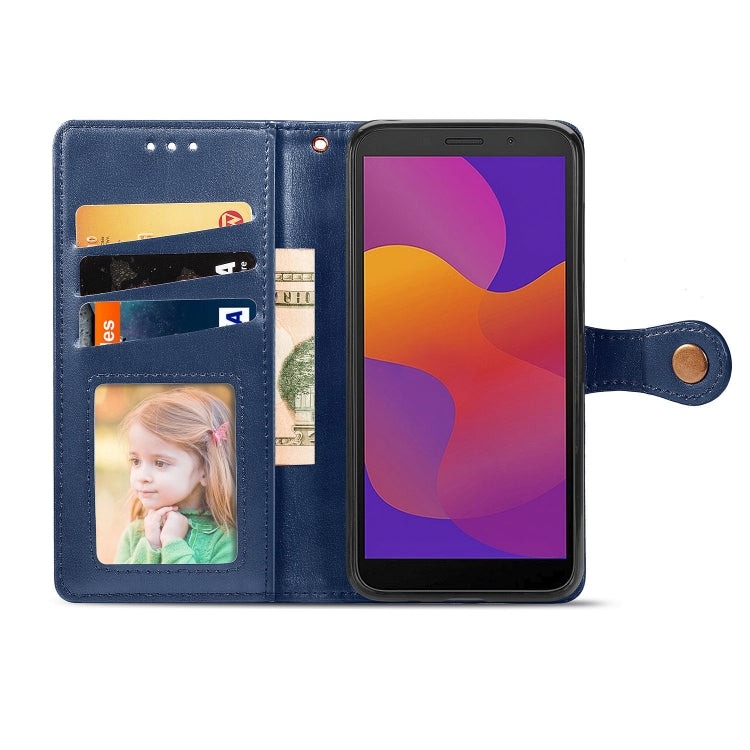 For Huawei Y5P 2020 Retro Solid Color Leather Buckle Phone Case with Lanyard & Photo Frame & Card Slot & Wallet & Stand Function