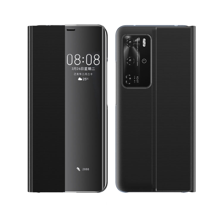 For Huawei P40 Pro Side Display Magnetic Horizontal Flip Plain Texture Cloth + PC Case with Holder & Sleep / Wake-up Function