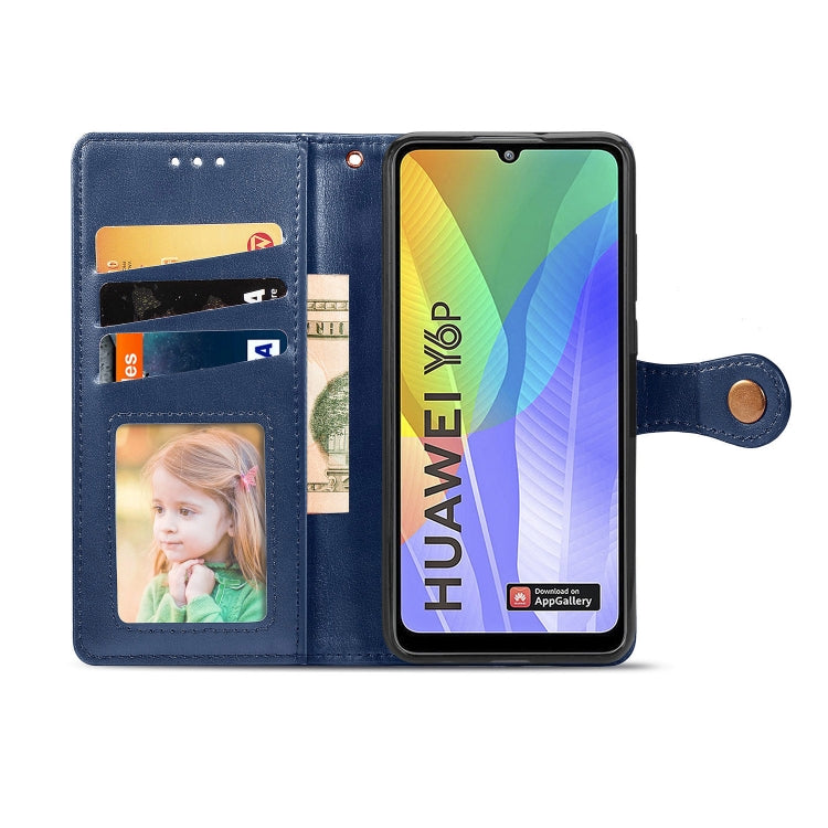 For Huawei Y6P Retro Solid Color Leather Buckle Phone Case with Lanyard & Photo Frame & Card Slot & Wallet & Stand Function