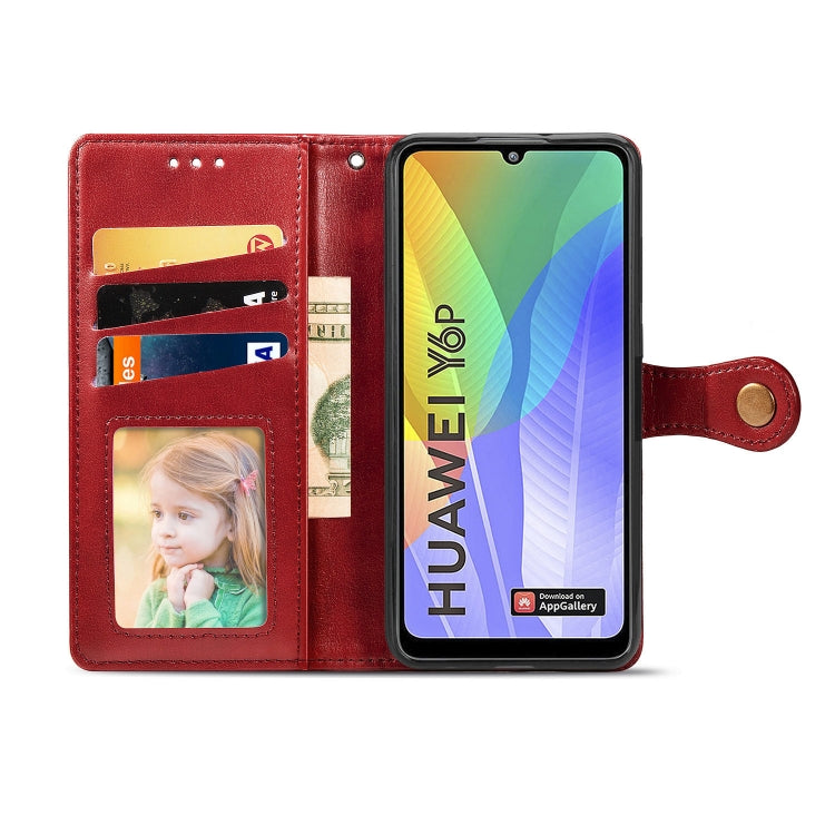 For Huawei Y6P Retro Solid Color Leather Buckle Phone Case with Lanyard & Photo Frame & Card Slot & Wallet & Stand Function