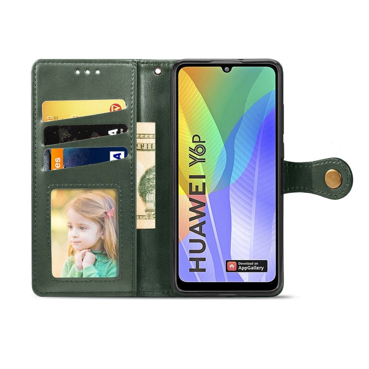 For Huawei Y6P Retro Solid Color Leather Buckle Phone Case with Lanyard & Photo Frame & Card Slot & Wallet & Stand Function