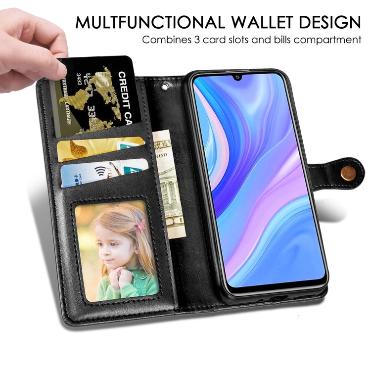 For Huawei Y6P Retro Solid Color Leather Buckle Phone Case with Lanyard & Photo Frame & Card Slot & Wallet & Stand Function
