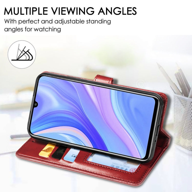 For Huawei Y6P Retro Solid Color Leather Buckle Phone Case with Lanyard & Photo Frame & Card Slot & Wallet & Stand Function