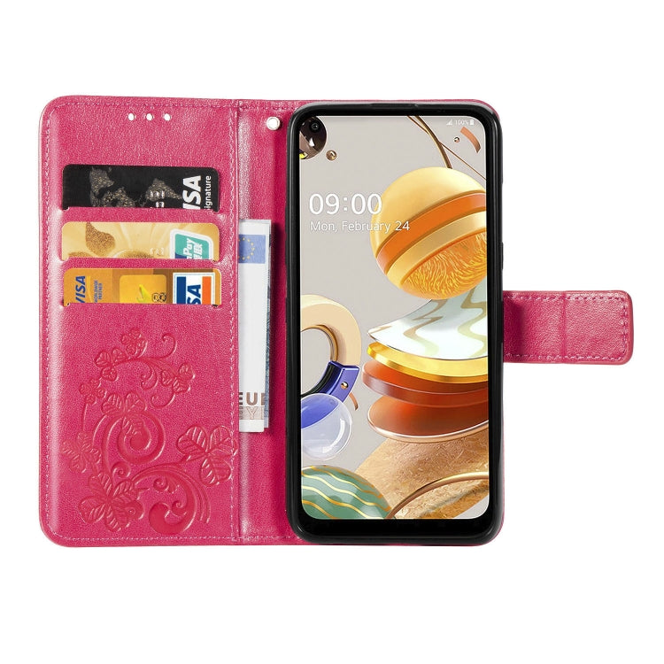 For LG K61 Four-leaf Clasp Embossed Buckle Mobile Phone Protection Leather Case with Lanyard & Card Slot & Wallet & Bracket Function
