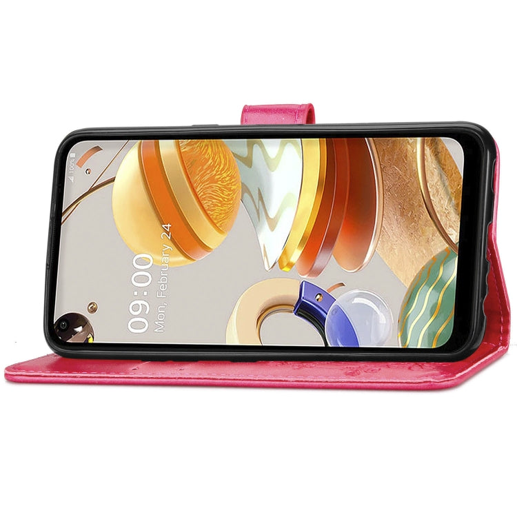 For LG K61 Four-leaf Clasp Embossed Buckle Mobile Phone Protection Leather Case with Lanyard & Card Slot & Wallet & Bracket Function