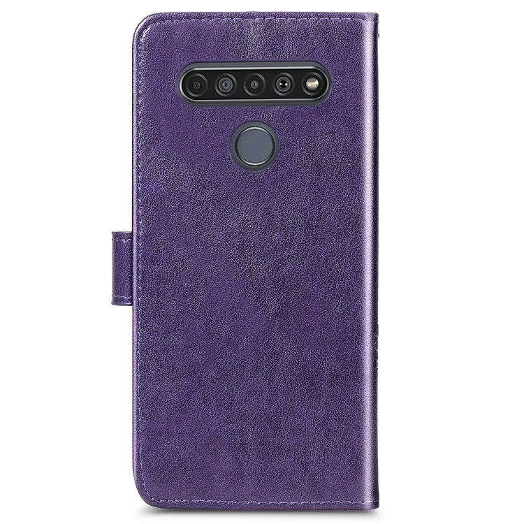 For LG K61 Four-leaf Clasp Embossed Buckle Mobile Phone Protection Leather Case with Lanyard & Card Slot & Wallet & Bracket Function