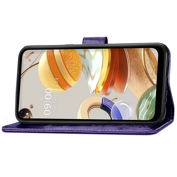 For LG K61 Four-leaf Clasp Embossed Buckle Mobile Phone Protection Leather Case with Lanyard & Card Slot & Wallet & Bracket Function