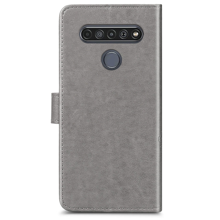For LG K61 Four-leaf Clasp Embossed Buckle Mobile Phone Protection Leather Case with Lanyard & Card Slot & Wallet & Bracket Function