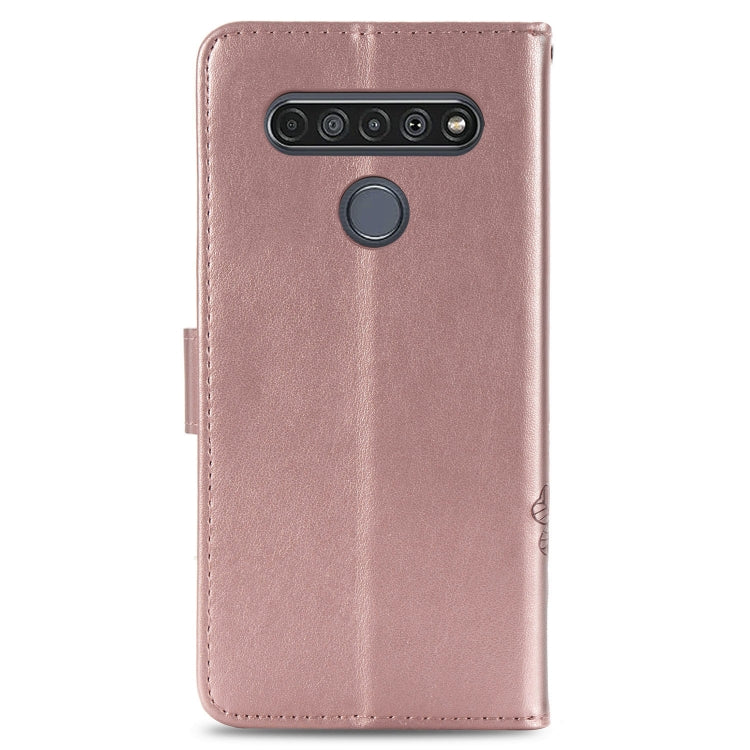 For LG K61 Four-leaf Clasp Embossed Buckle Mobile Phone Protection Leather Case with Lanyard & Card Slot & Wallet & Bracket Function