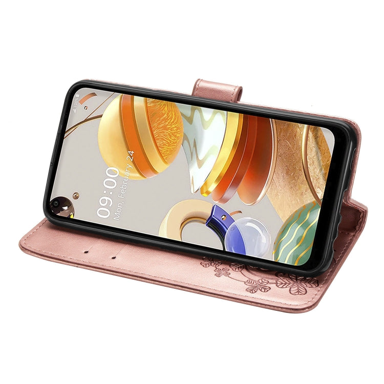 For LG K61 Four-leaf Clasp Embossed Buckle Mobile Phone Protection Leather Case with Lanyard & Card Slot & Wallet & Bracket Function