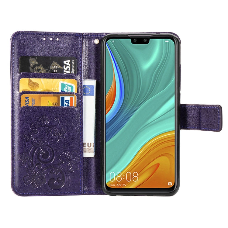 For Huawei Y8S Four-leaf Clasp Embossed Buckle Mobile Phone Protection Leather Case with Lanyard & Card Slot & Wallet & Bracket Function