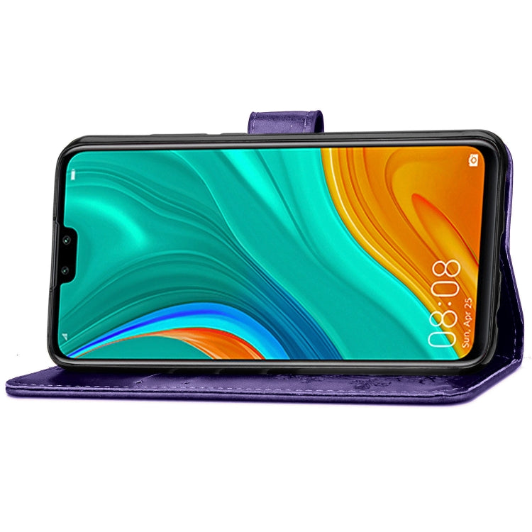 For Huawei Y8S Four-leaf Clasp Embossed Buckle Mobile Phone Protection Leather Case with Lanyard & Card Slot & Wallet & Bracket Function