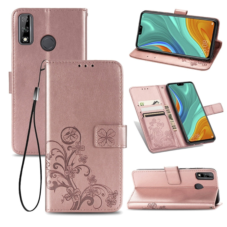 For Huawei Y8S Four-leaf Clasp Embossed Buckle Mobile Phone Protection Leather Case with Lanyard & Card Slot & Wallet & Bracket Function